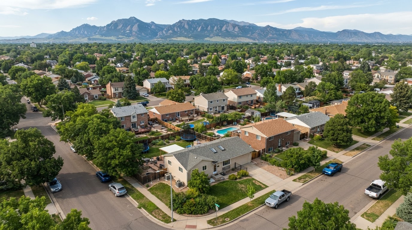 Suburban Denver residential neighborhood with rooftops and tree-lined streets