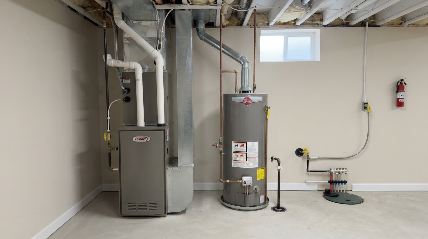 Residential furnace and water heater in a finished basement utility room