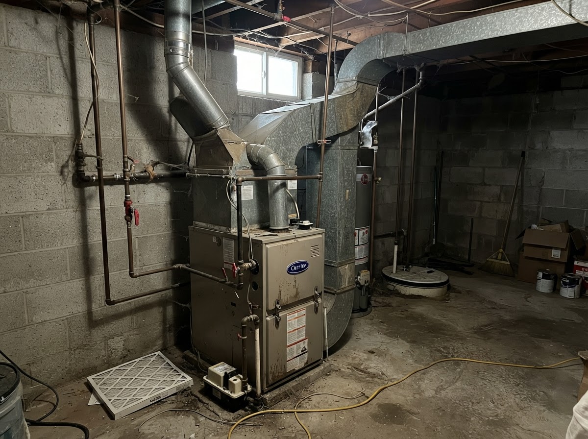 Residential basement mechanical room with a furnace and sheet-metal ductwork