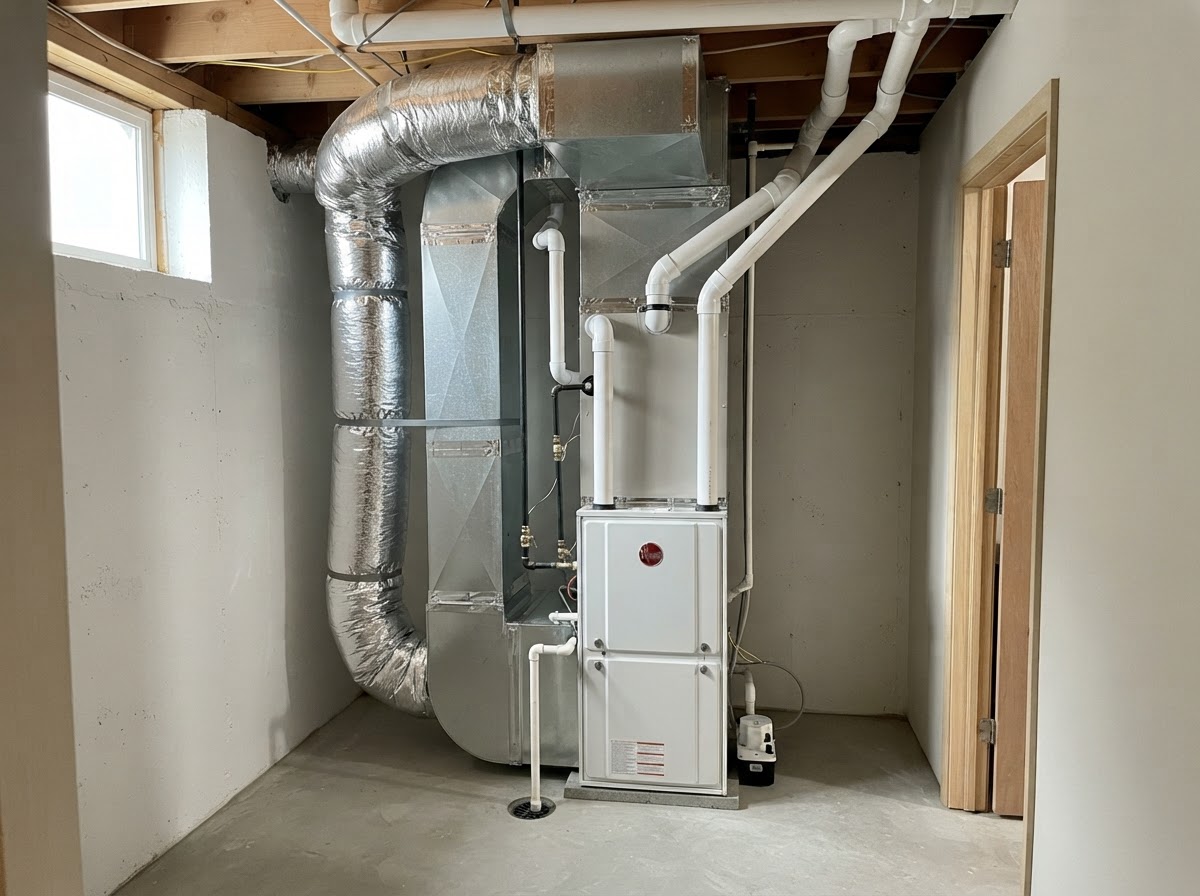 New residential HVAC system installed in a clean basement utility closet