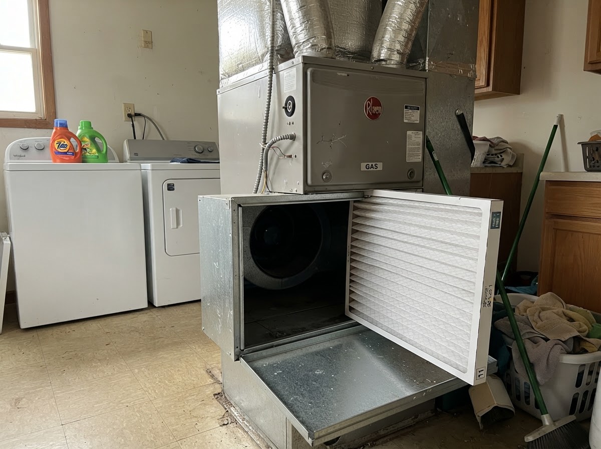 Furnace filter slot and pleated air filter in a residential laundry room
