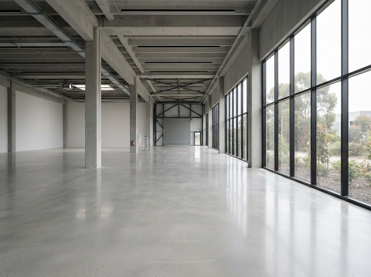 Level commercial screed floor being finished in a Nottingham unit