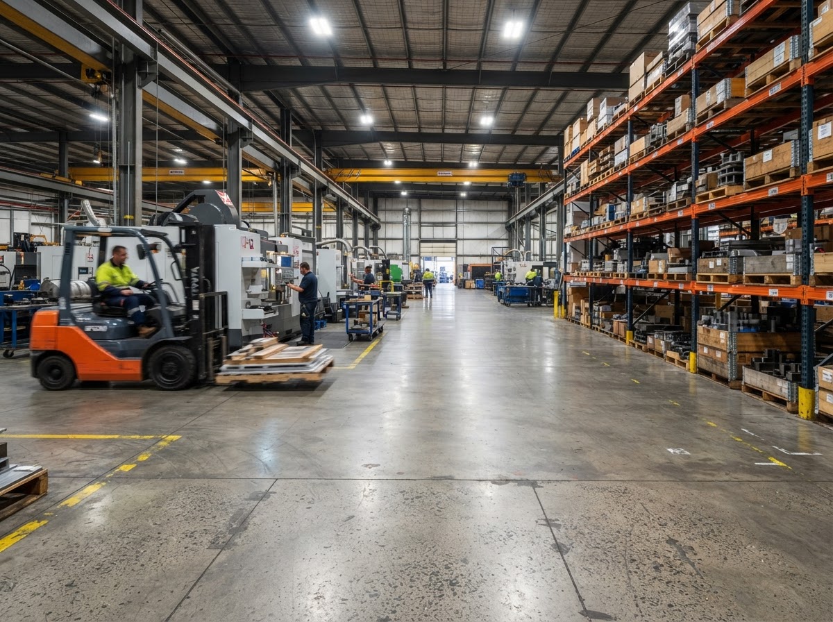 Industrial concrete flooring inside a working warehouse in Nottingham
