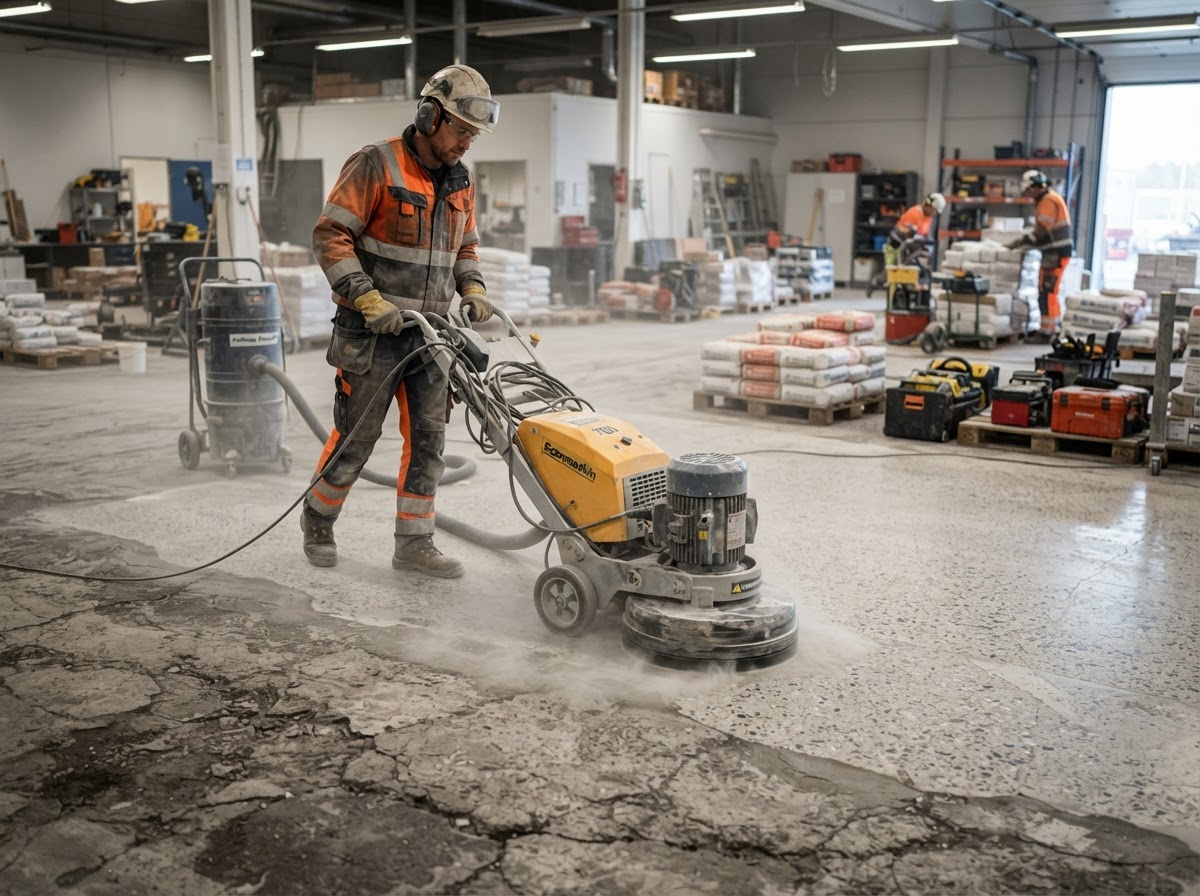 Concrete floor repair and grinding in progress on a commercial slab in Nottingham