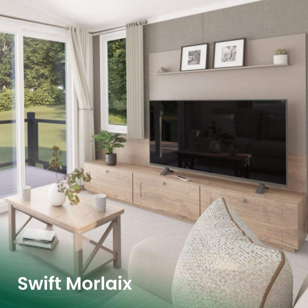 Swift Morlaix holiday home lounge with entertainment unit and patio doors