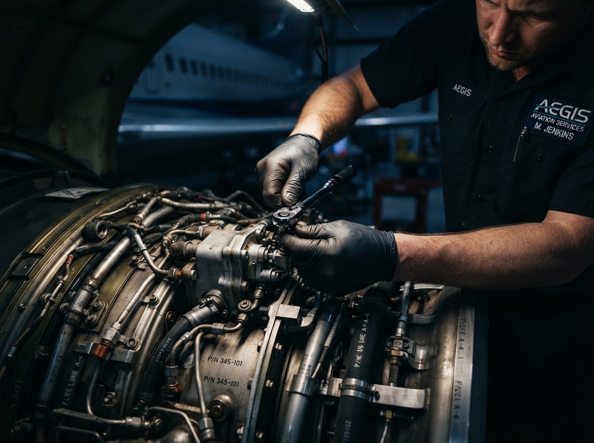 Aircraft mechanic's hands working on an engine with precision tools