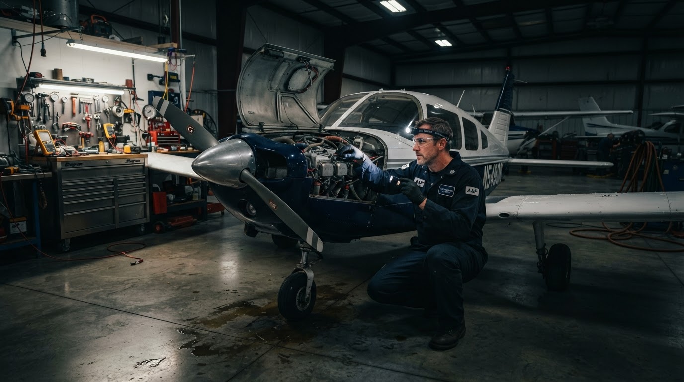 Aircraft mechanic inspecting a single-engine aircraft inside a professional maintenance hangar
