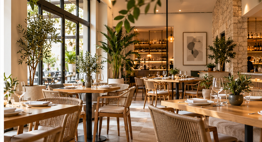 Interior luminoso, cálido y contemporáneo de restaurante atendido con sistemas de ROIX