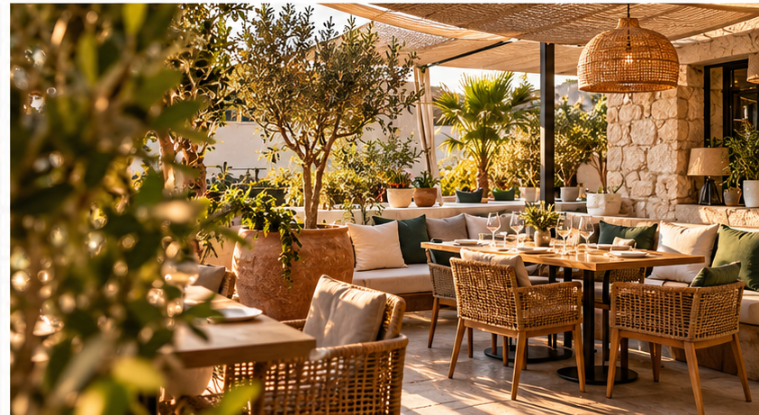 Ambiente de restaurante con iluminación cálida, noche gastronómica elegante