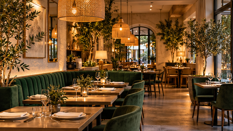 Restaurante elegante con mesas preparadas y ambiente cálido