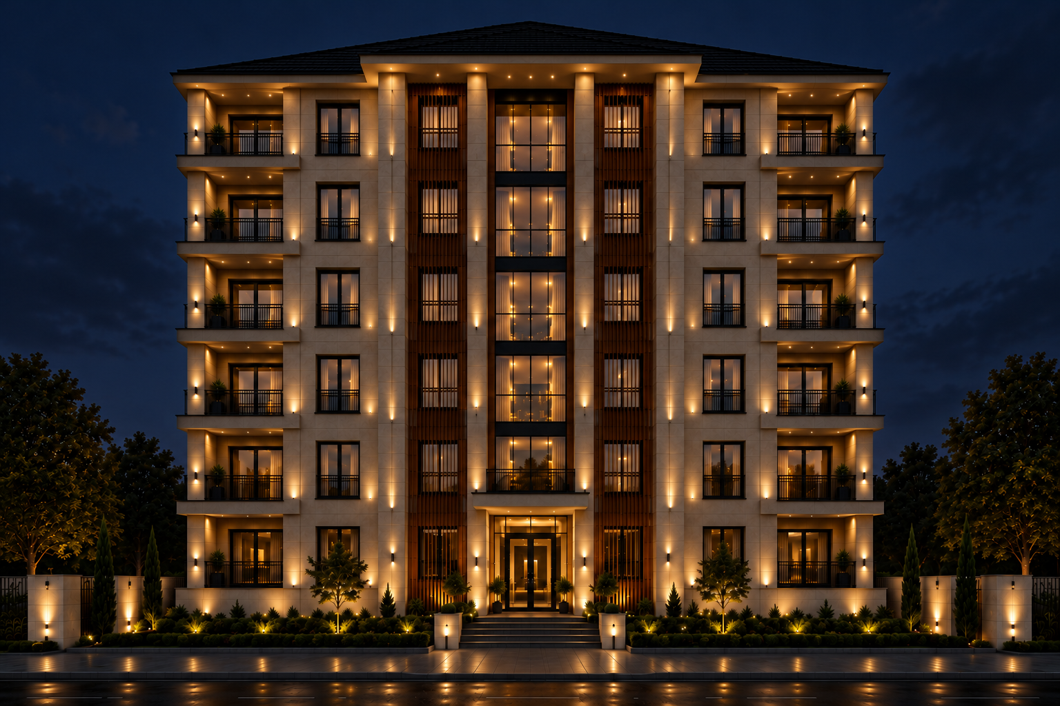 Horizon Residences Bloudan — front facade at night, architectural render