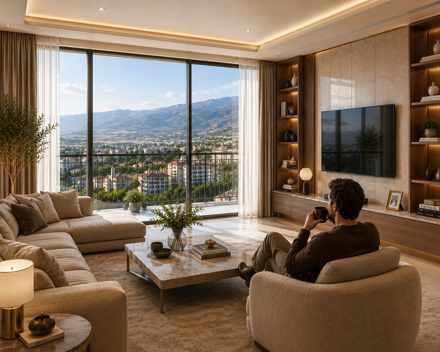 Horizon Residences Bloudan — living room interior render with panoramic mountain views