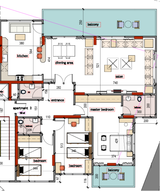 Apartment A floor plan — 220 m², 3 bedrooms, 3 bathrooms