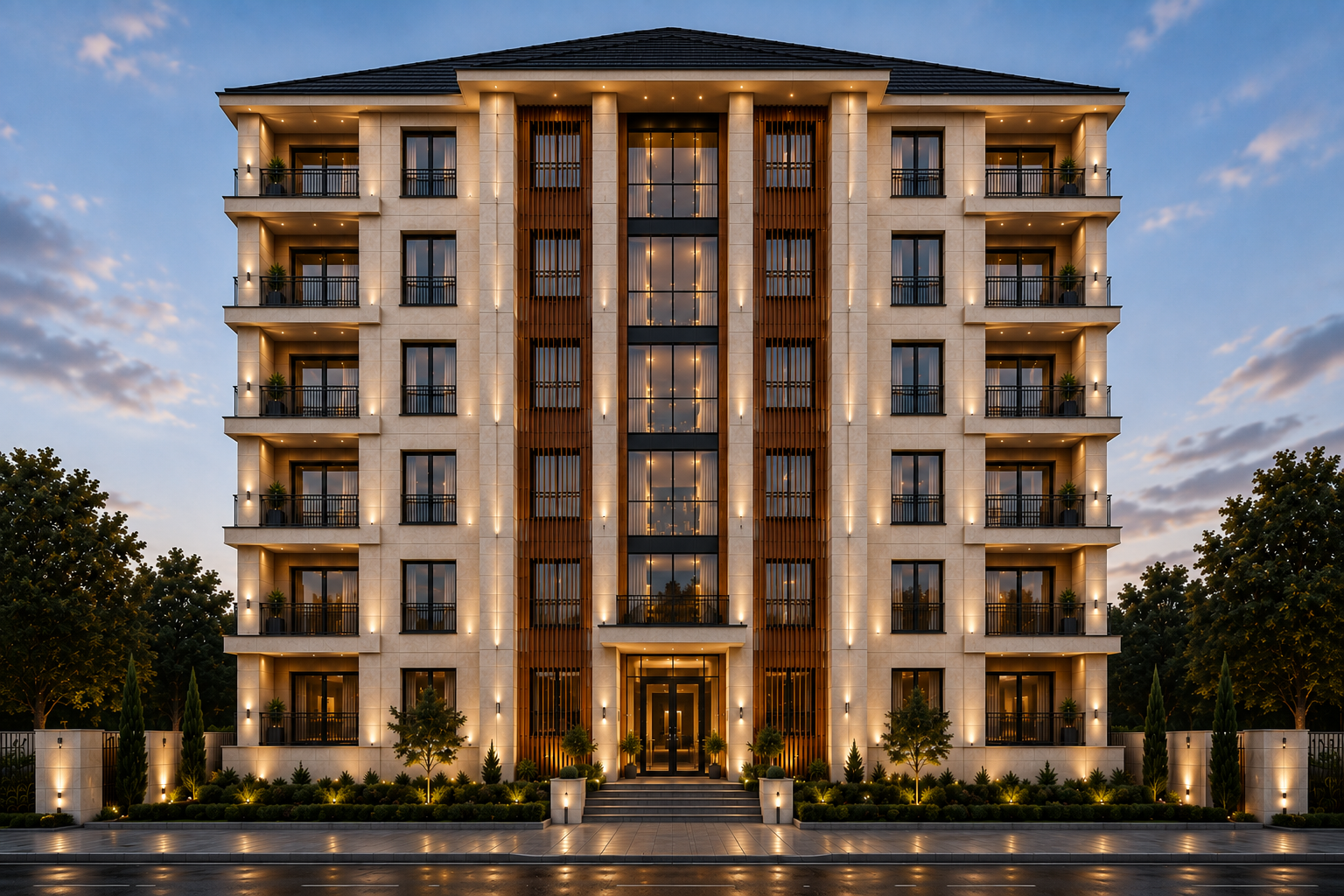 Horizon Residences Bloudan — front facade at dusk, architectural render