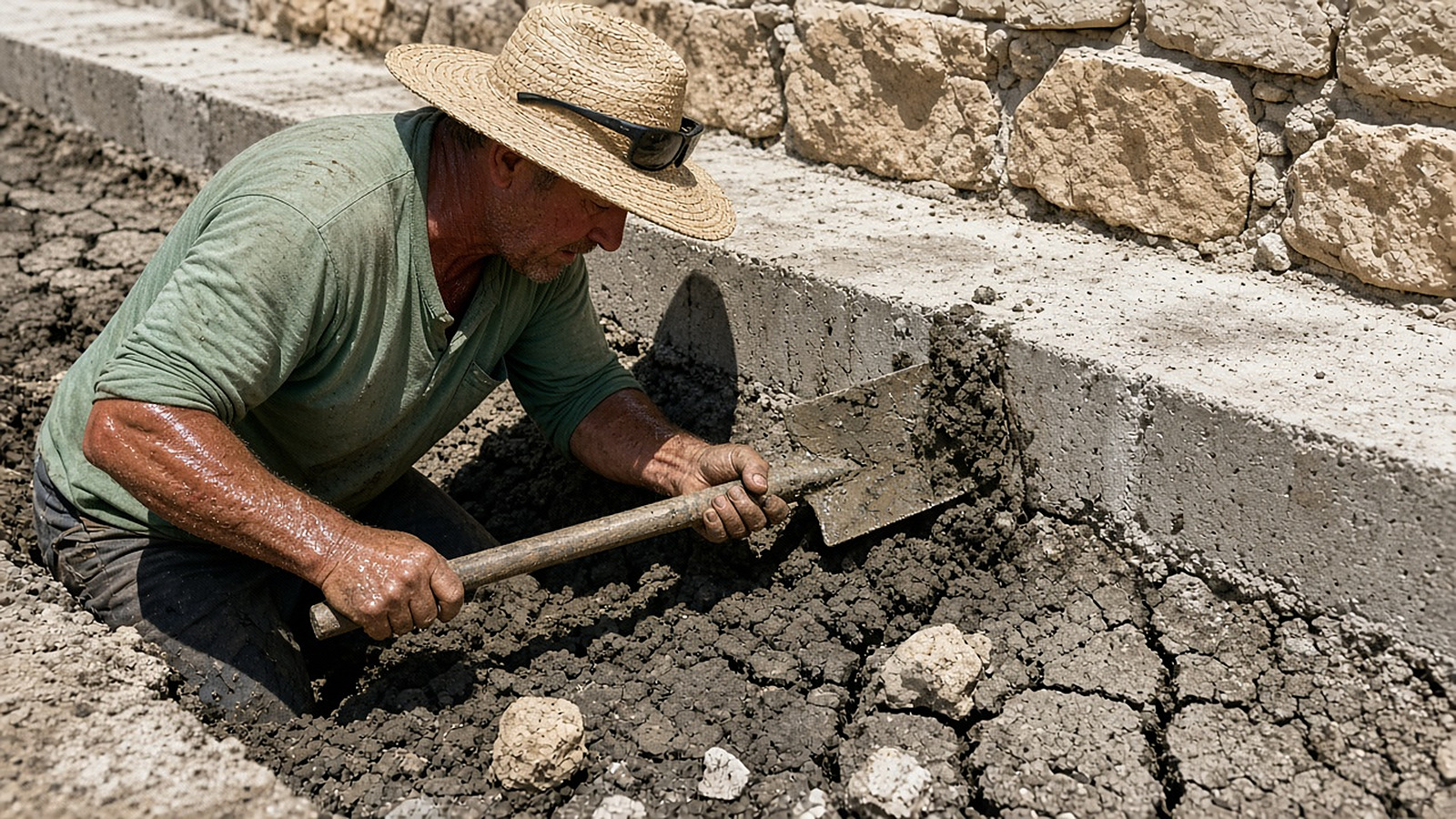 Worker in a straw hat digging cracked dark clay along the edge of a concrete slab for Slab Foundation Repair in Converse, TX