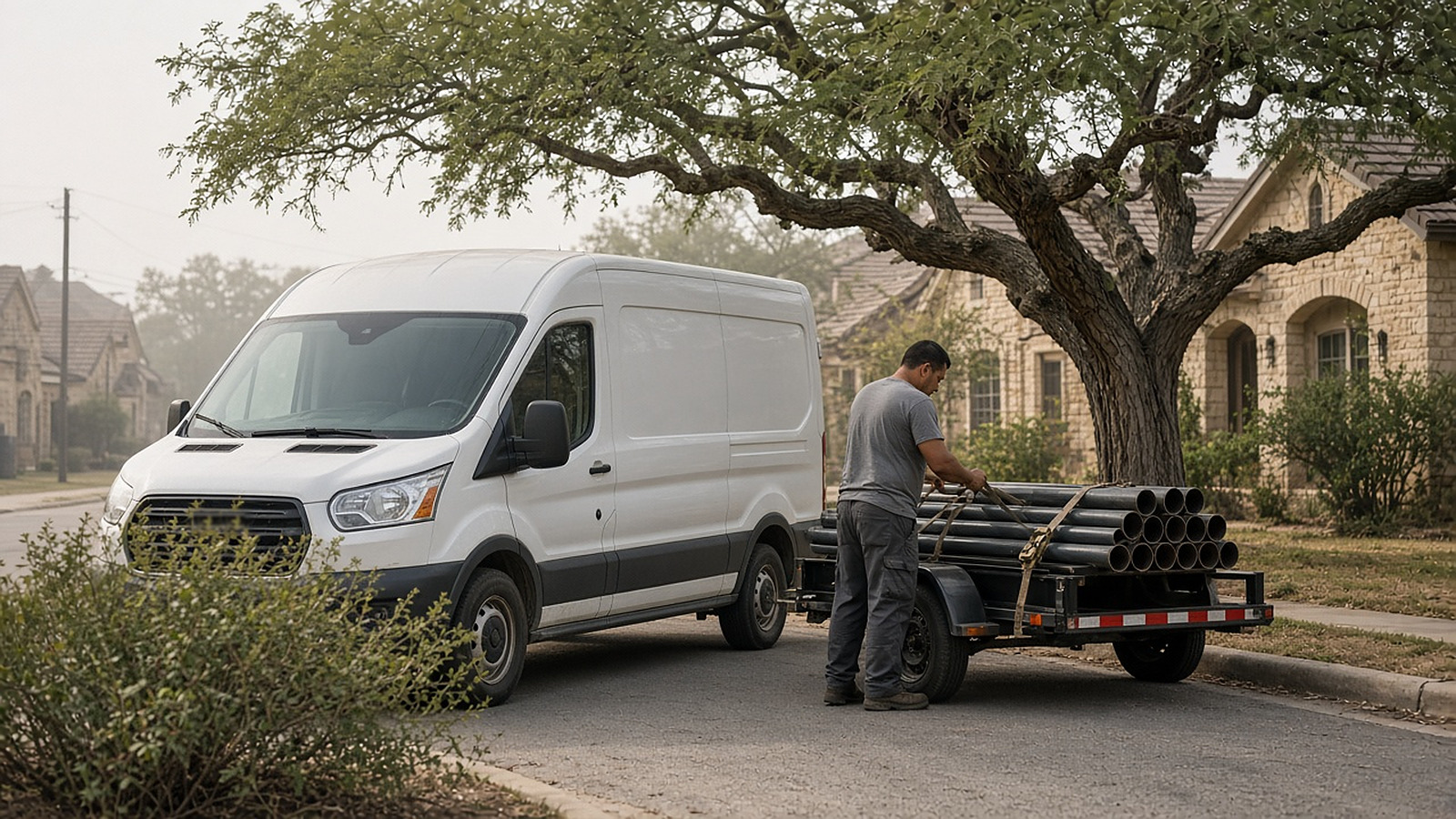 Worker strapping steel pier tubes onto a trailer behind a white work van on a street of stone homes under a large tree