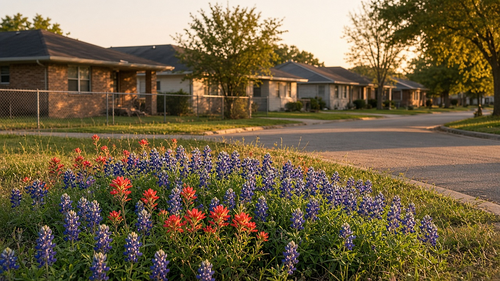 Bluebonnets and Indian paintbrush blooming in front of a street of one-story brick homes at sunset, for Foundation Repair in Universal City, TX
