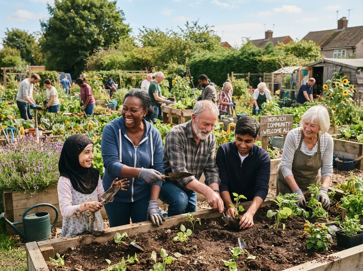 Volunteers and community members working together in a Norwich community garden