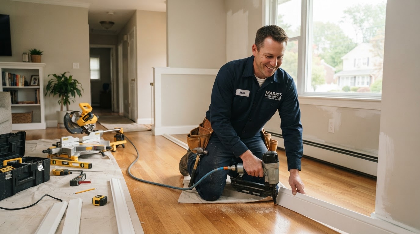 A professional handyman doing carpentry trim work inside a bright Linden, NJ home