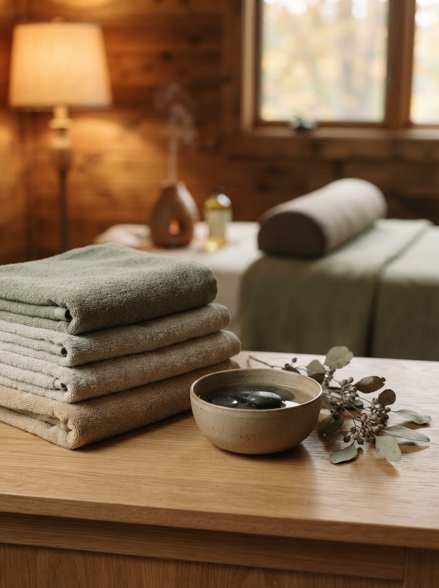 Folded warm linen towels, warm river stones, and a sprig of eucalyptus on a light oak surface in soft lamplight