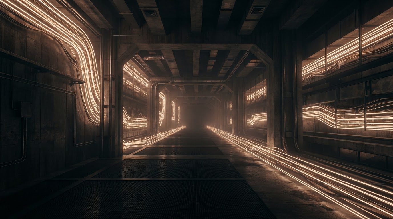 Streams of warm-white light flowing through a minimalist steel and concrete structure like a predictive demand pipeline.