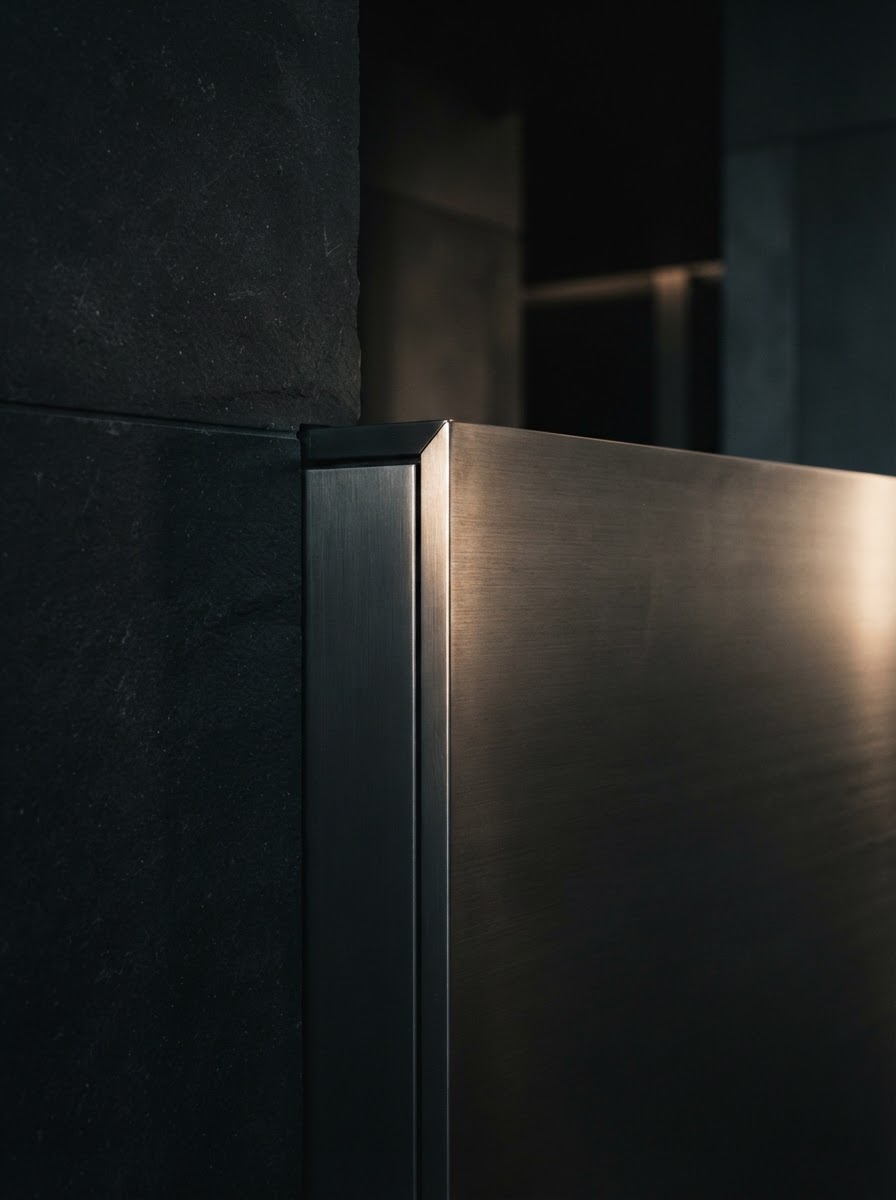 Brushed dark steel and matte stone surfaces with sharp geometric lines under dramatic shadow.