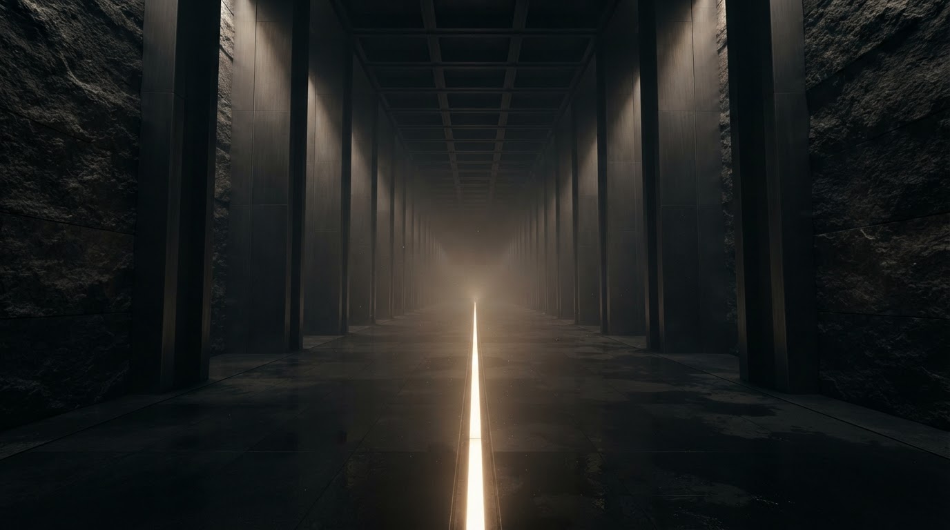 A monumental architectural corridor receding into atmospheric depth under dramatic directional light.