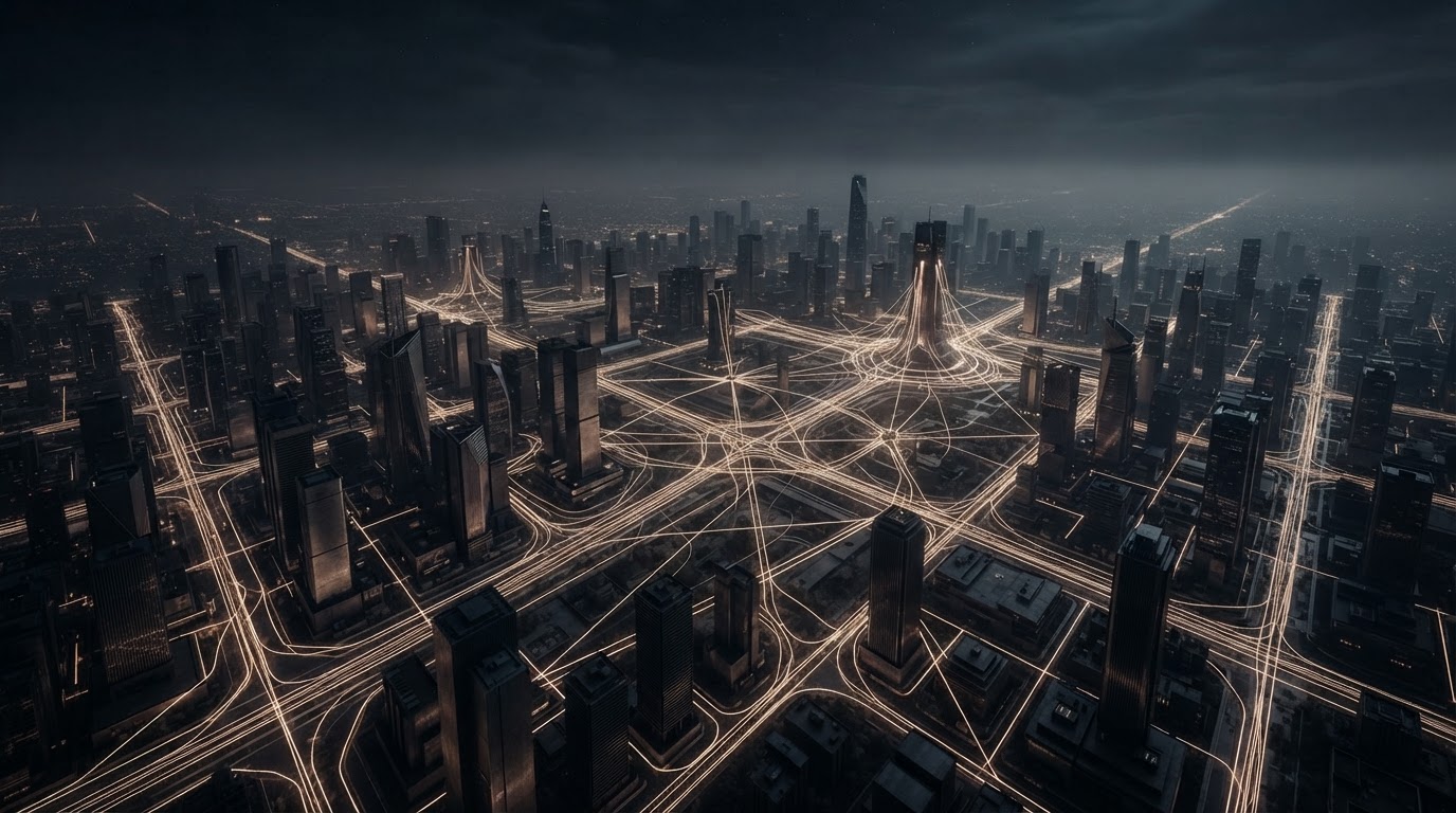 An aerial view of a dark minimalist city and network at night, thin warm-white light lines connecting nodes like predictive demand signals across a market.