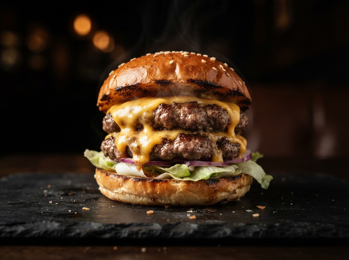 Close-up of an EZ Burger cheeseburger with melted cheese and fresh produce