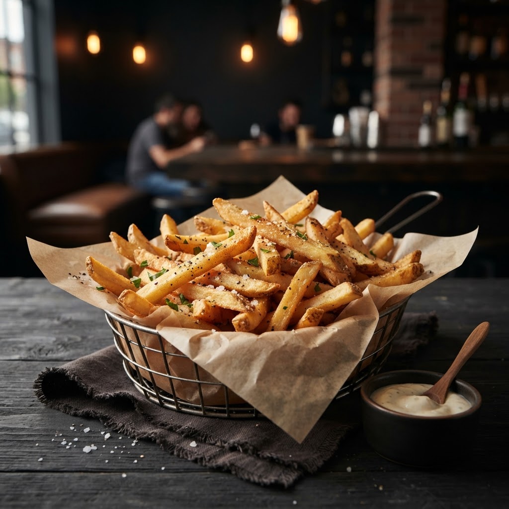 Close-up of golden crispy fries