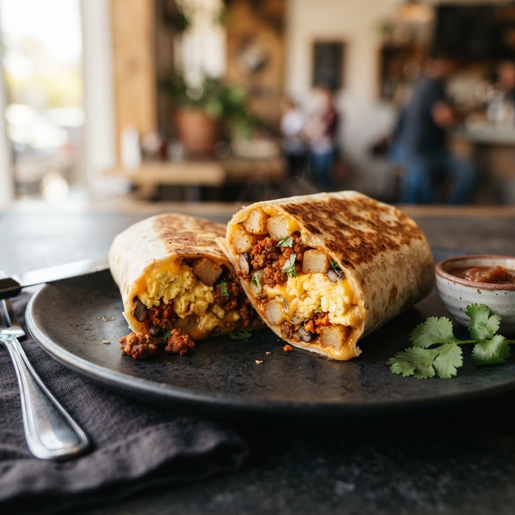 Close-up of a breakfast burrito