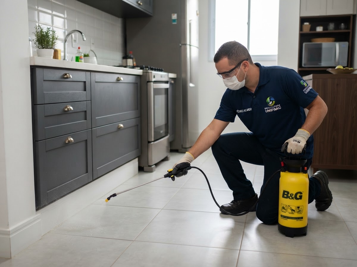 Dedetização residencial em Curitiba — tratamento preventivo na cozinha