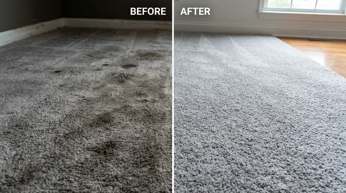 Before and after carpet cleaning results showing a dirty carpet transformed to a fresh clean carpet