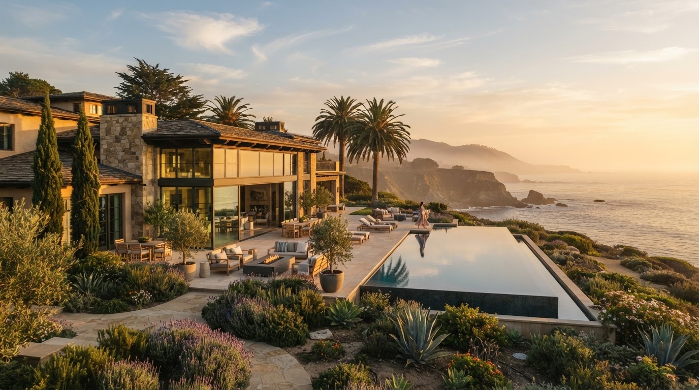 Luxury coastal California estate at golden hour