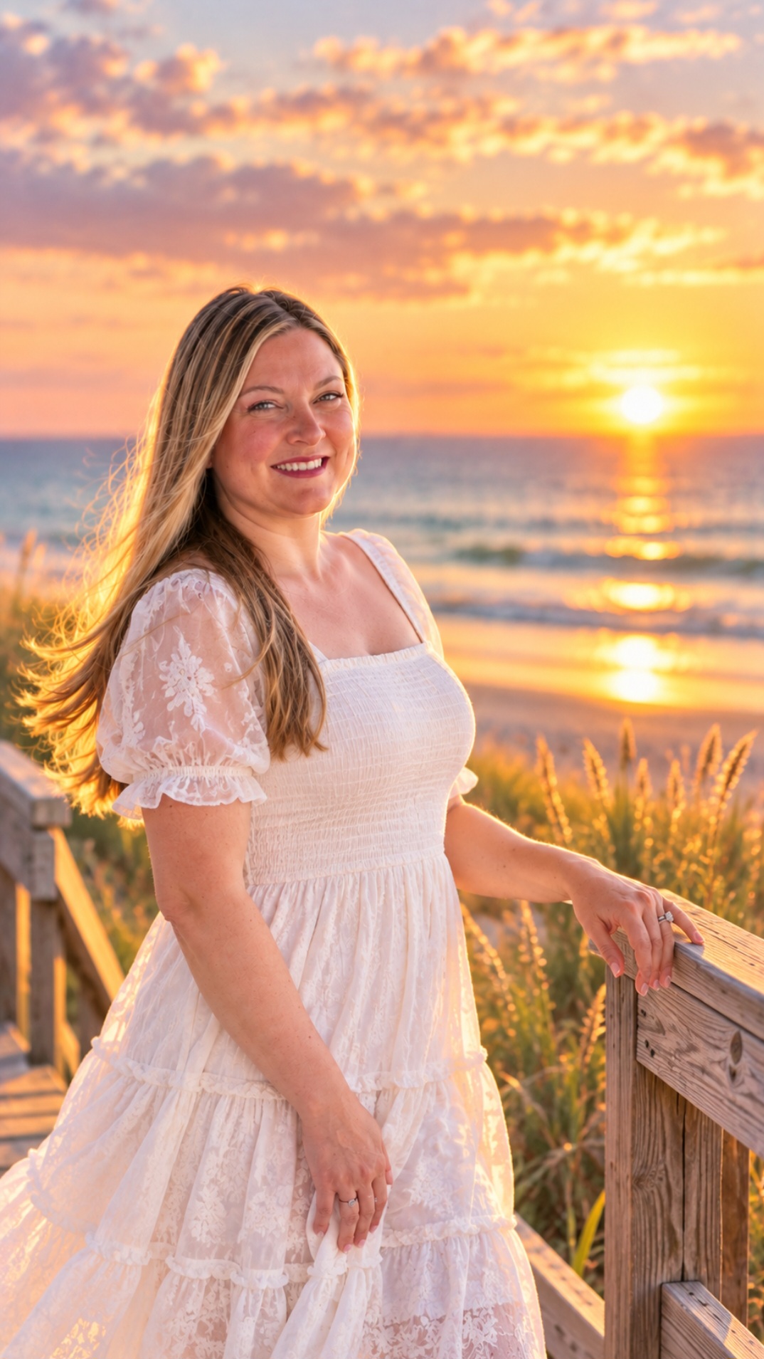 Amber Renee Till on a beach boardwalk during a serene sunset