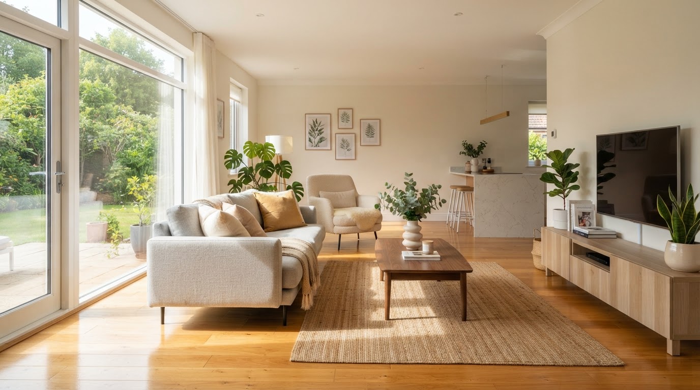 Spotless, sunlit living room cleaned by OKC House Cleaning Pros