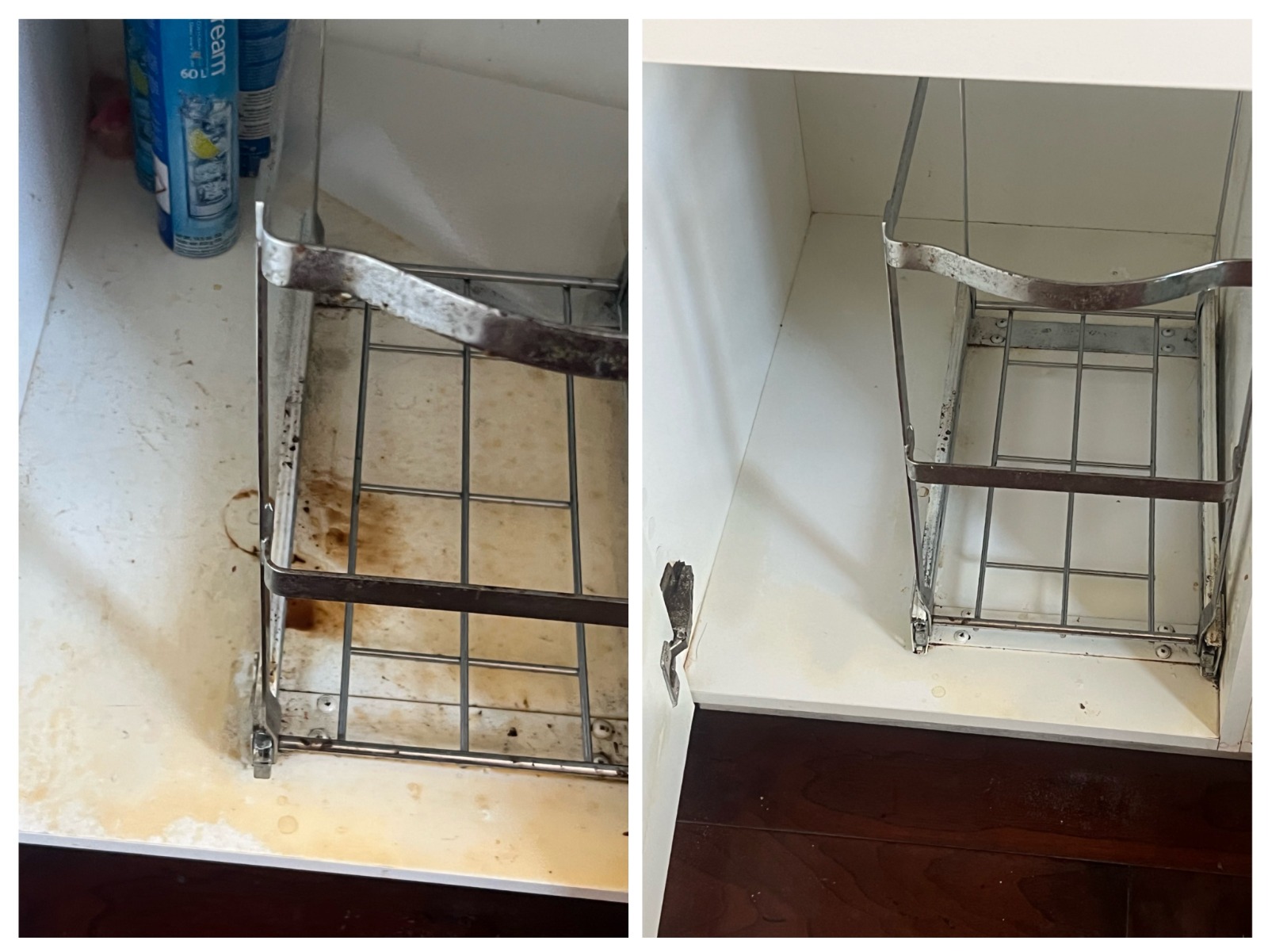 Under-sink wire pull-out basket deep clean before and after
