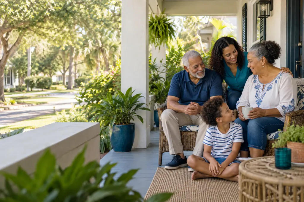 Three generations of a family relaxing together on a shaded Florida porch