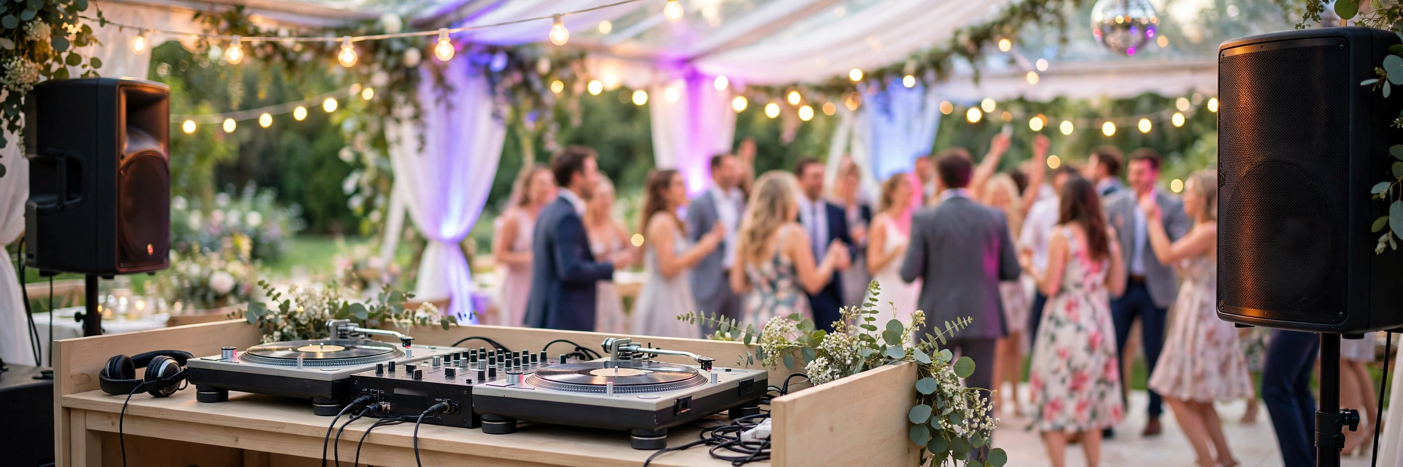 Mobile DJ setup with speakers overlooking a celebratory dance floor