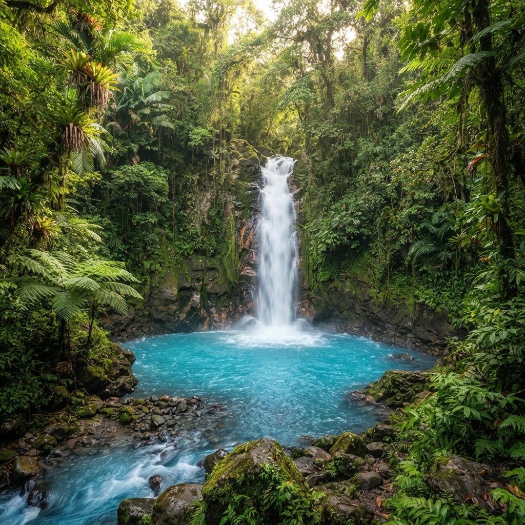 The turquoise Río Celeste waterfall surrounded by lush rainforest, Costa Rica