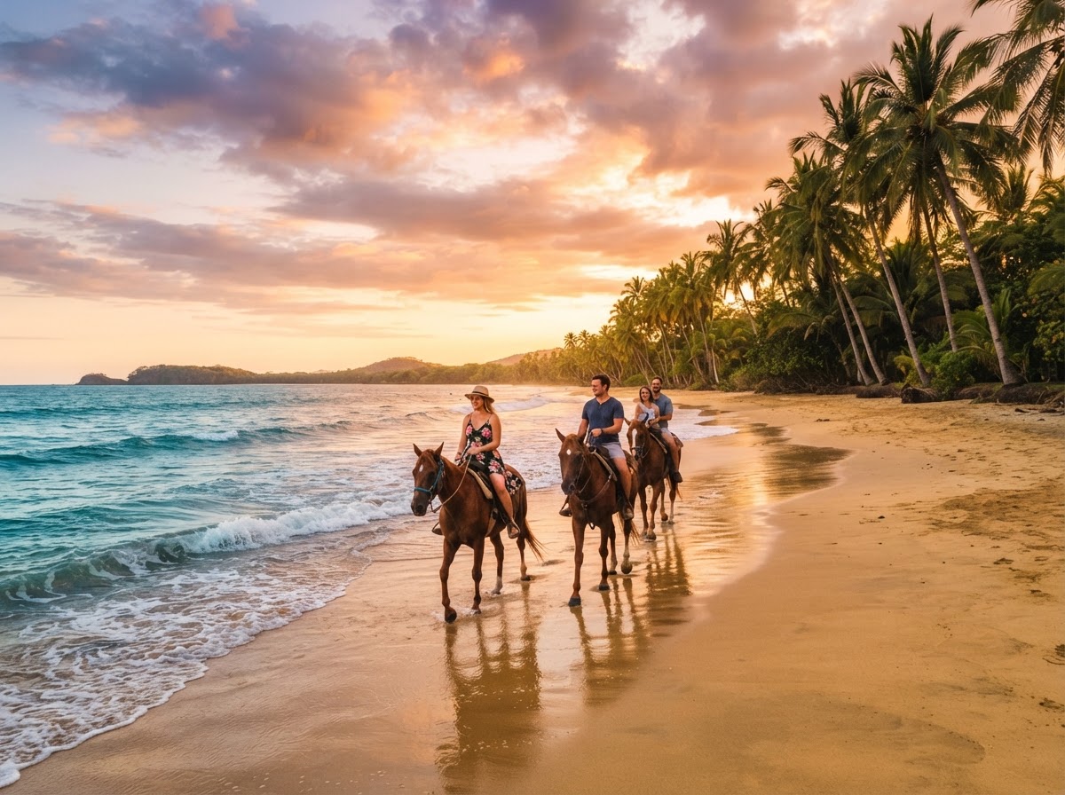 Horseback riding along a golden palm-lined beach in Guanacaste at sunset