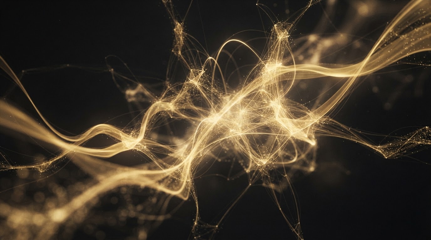 Omni AI Builders — abstract neural network of gold light on a dark canvas