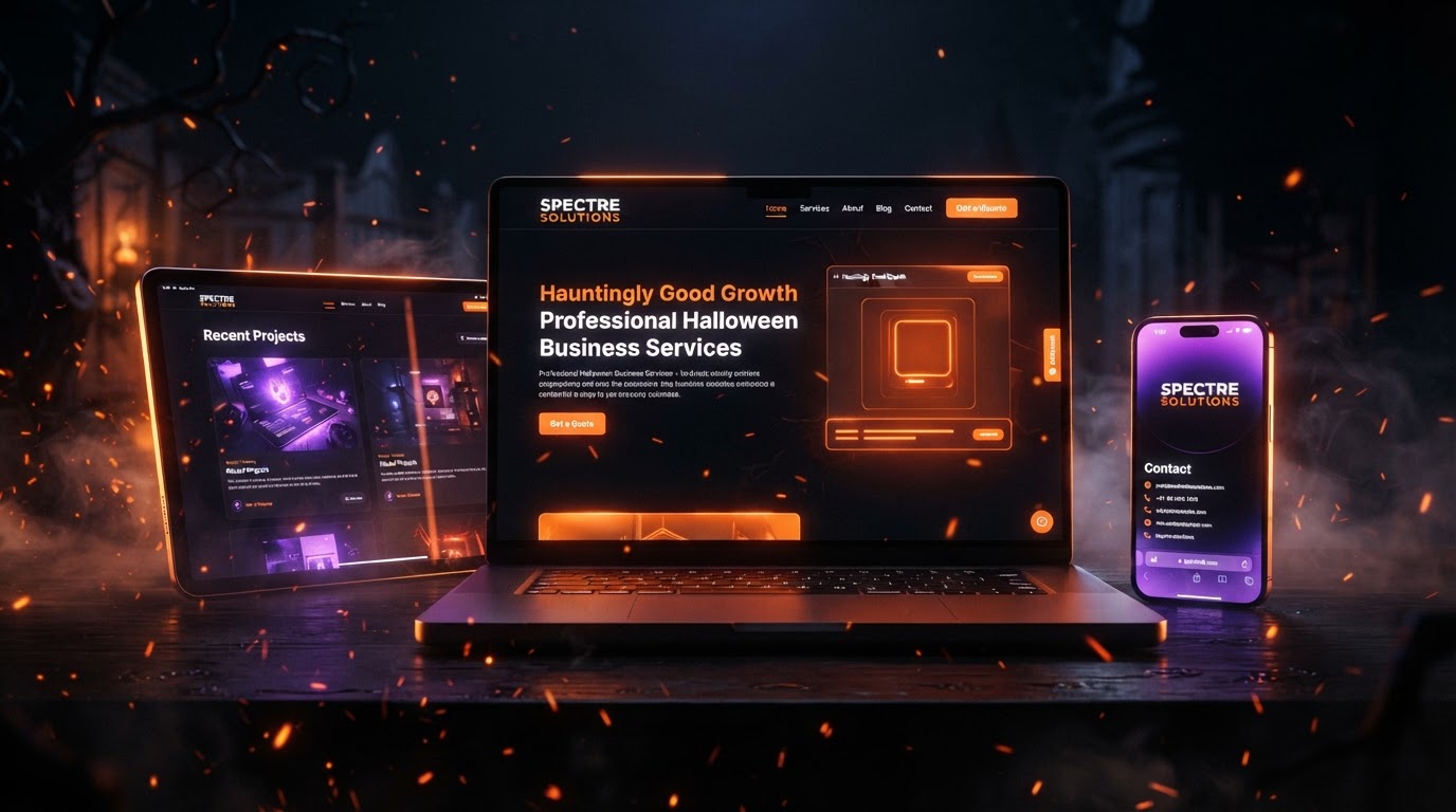 Glowing laptop, tablet, and phone displaying a professional business website