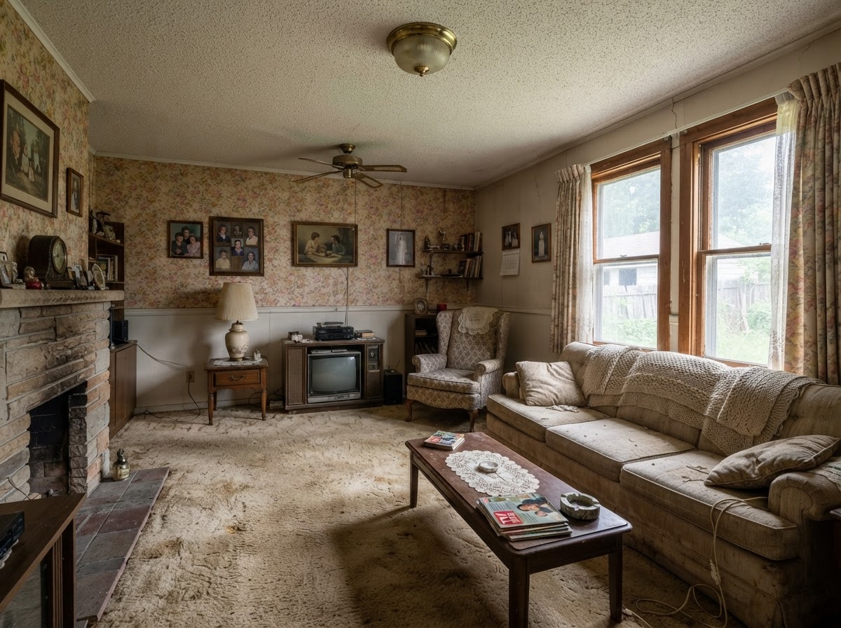 Living room with old carpet and a popcorn ceiling