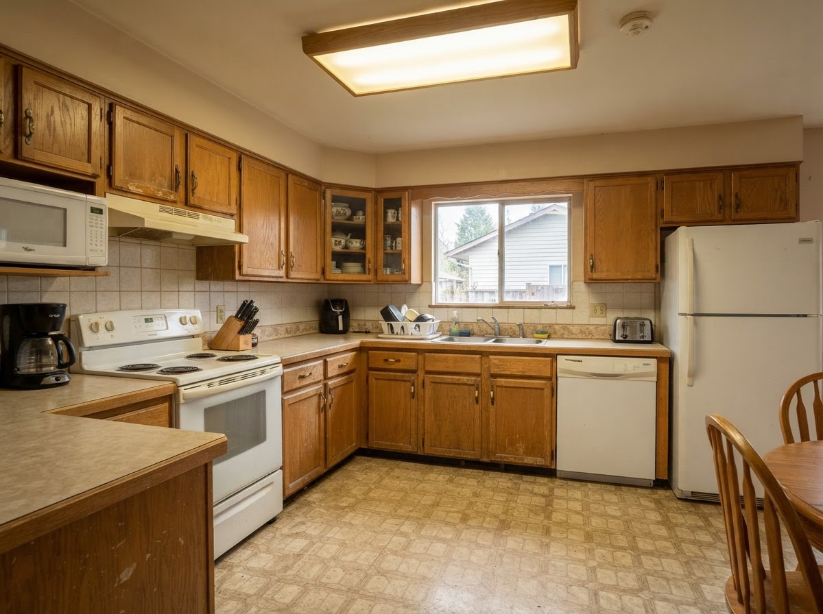 Outdated kitchen with original oak cabinets and laminate counters