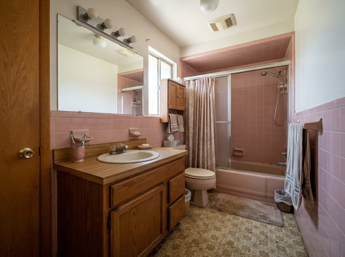 Outdated bathroom with old tile and fixtures