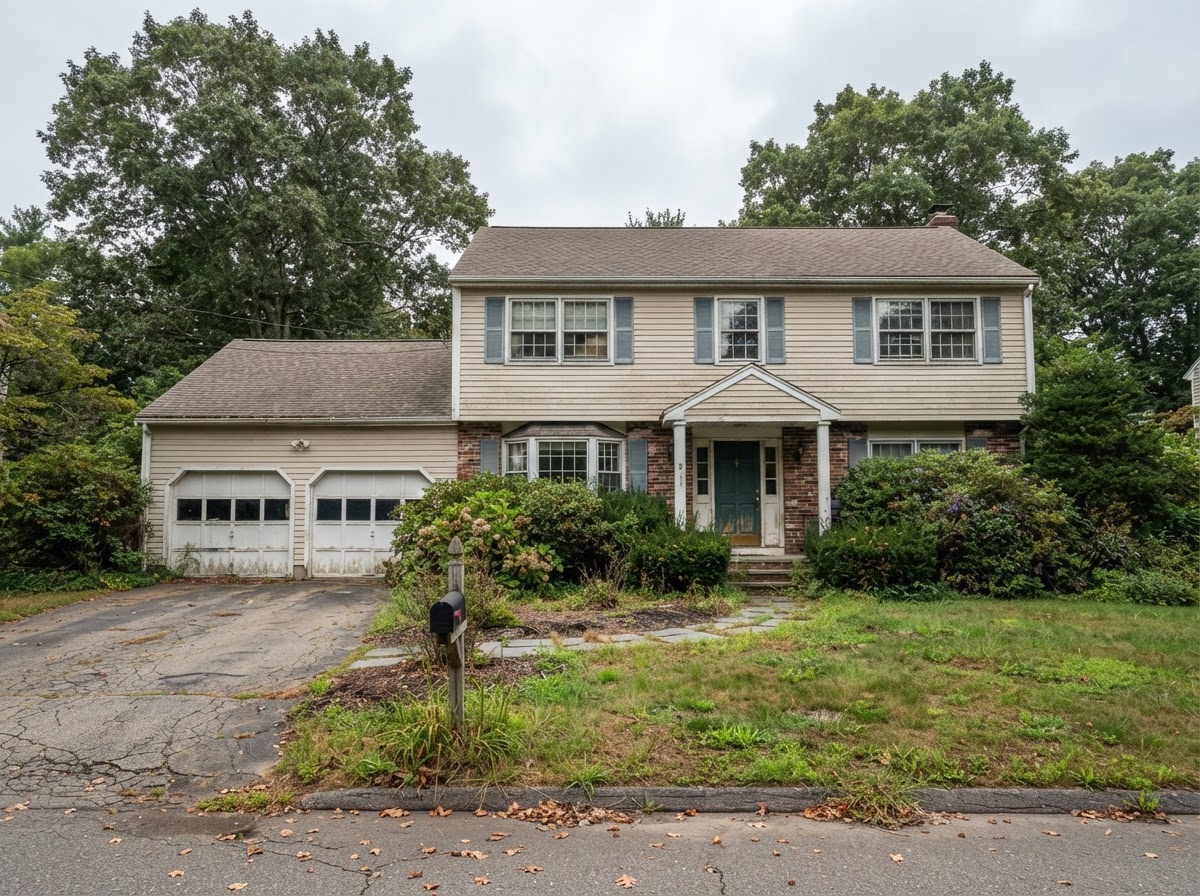 Older colonial home with faded siding and overgrown landscaping