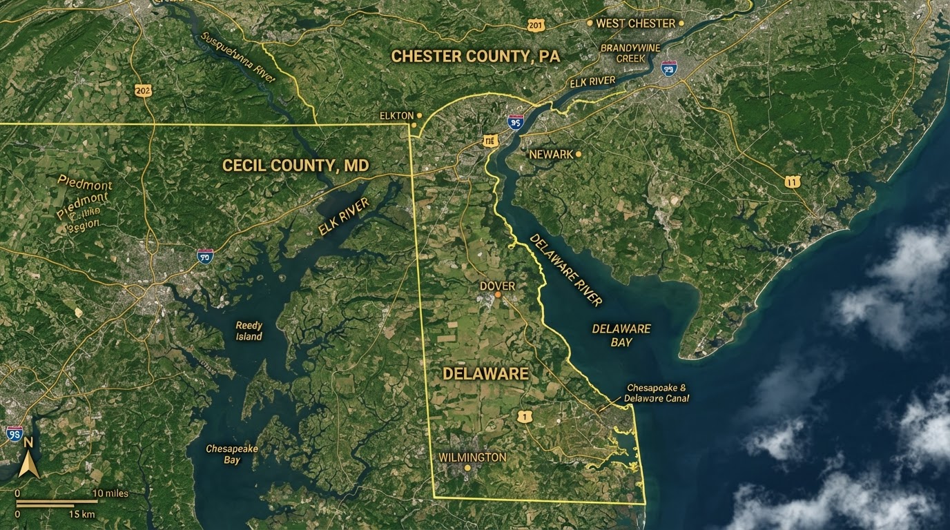 Delaware, Cecil County MD, and Chester County PA Service Area Map