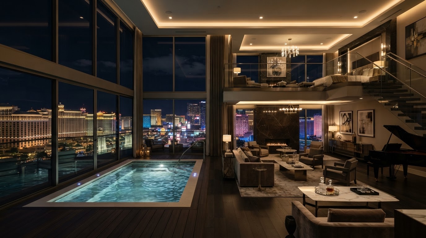 Concept imagery of an upscale two-story Las Vegas suite with a private splash pool at night