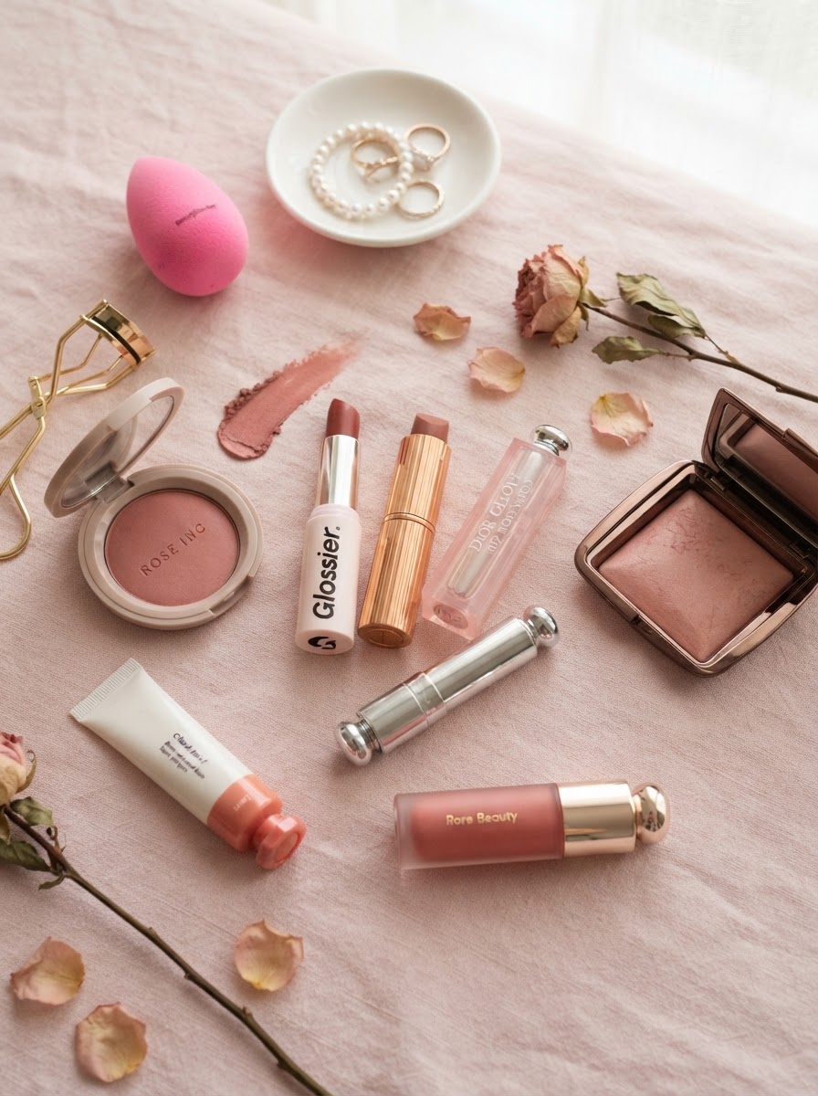 Makeup products flatlay